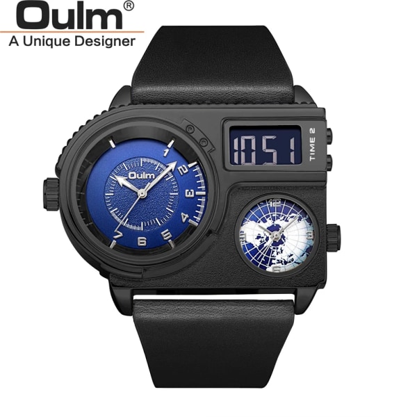 Oulm 5026 New Dual Display Två tidszon Watch Man Big Dial Quartz Clock Timmar Herr Armbandsur i äkta läder black blue