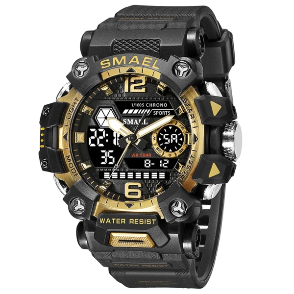 SMAEL Herrklockor 50m Vattentät Watch Military Man Watch Digital 8072 Dual Display Watch Quartz Led Digital GOLD