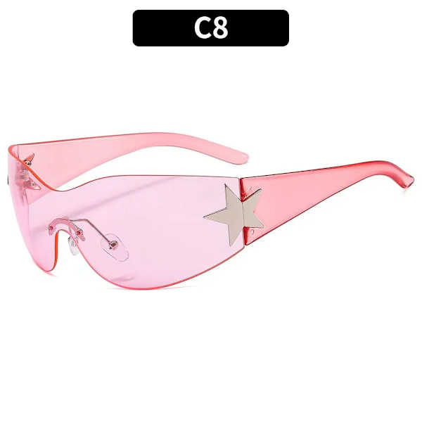 Punk One Piece Solglasögon Goggle Nya Y2k båglösa solglasögon 2000-talsglasögon Glasögon UV400 Kvinnlig designer femstjärniga glasögon C8