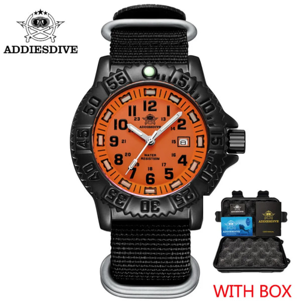 ADDIES Ny Orange Watch Sports Luminous Herrklocka Toppmärke Lyx Helt stål Quartz Klocka Vattentät Date Watch Herr 050-talet Black nylon A box