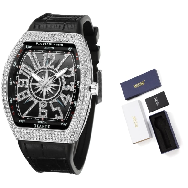 PINTIME Watch för män Iced Out Diamond Bezel Modeklockor Vattentät Shinning Quartz Armbandsur Blå klocka med läderrem Type 8