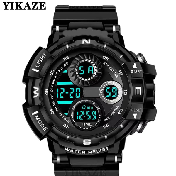 YIKAZE Multifunktions Watch för män LED Digital watch Stor urtavla Vattentät Lysande Herr Watch Elektroniska klockor D-Black