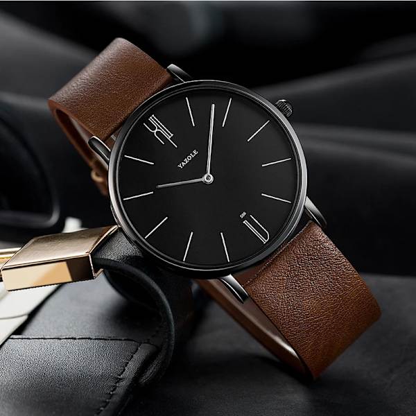 Enkla herrklockor i äkta läder Bussiness Quartz Watch Vattentät Svart Vit Dail Quartz Watch för män black black