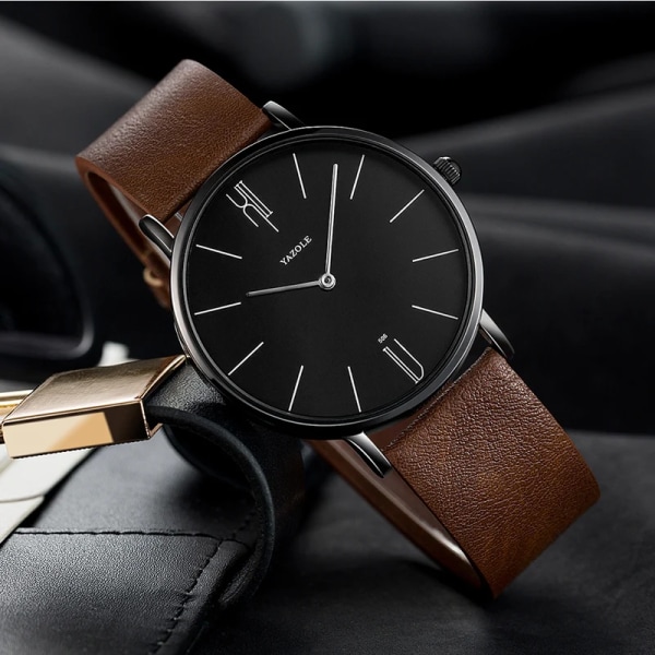 Enkla herrklockor i äkta läder Bussiness Quartz Watch Vattentät Svart Vit Dail Quartz Watch för män brown white