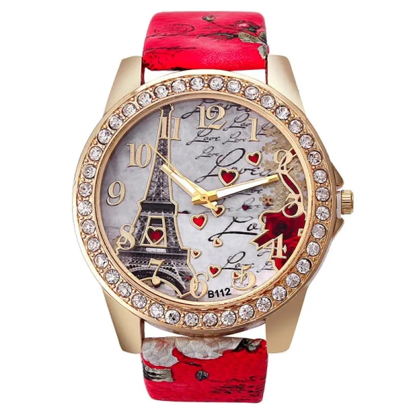 Kvinnor Stora Klockor Mode Lyx Kristall Paris Eiffel Tower Klockor Kvinnor Läderband Quartz Armbandsur Casual Damklockor red