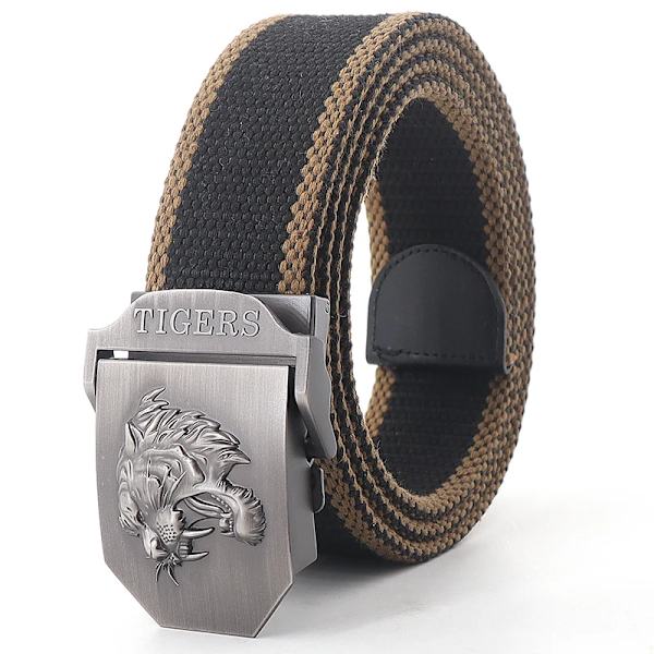 Ny canvas utomhus taktiskt armébälte 3D tigerhuvud Emblem metallspänne unisex jeansbälte för män Militärbälte Man sportrem Black khaki edge 110cm