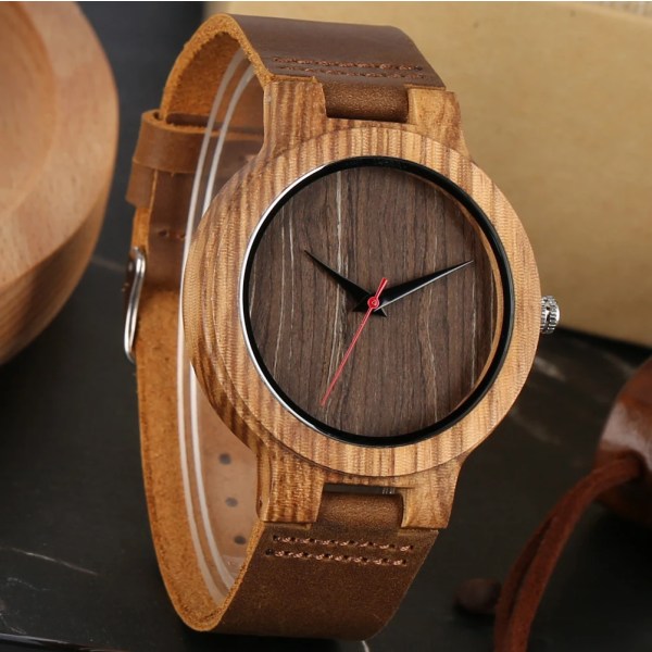 Vintage trä svart/kaffe/grön urtavla Naturlig bambu trä watch för män Läder träklocka Man Hour Top Present Reloj de madera Blue Dial