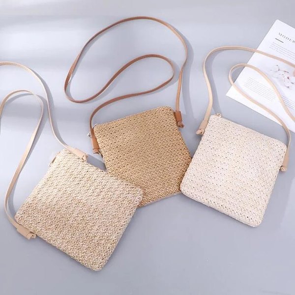 Halmfläta dam Små fyrkantiga väskor En axel lutande väska Handväska Myntväskor Sommar Casual Söt Semesterväska Beige Mini(Max Length20cm)