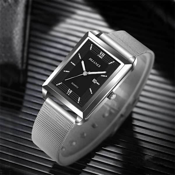 Mode Herr Affärsklockor Herr rektangel i rostfritt stål Mesh -bälte Quartz Watch Man Casual Watch Mesh Black Red