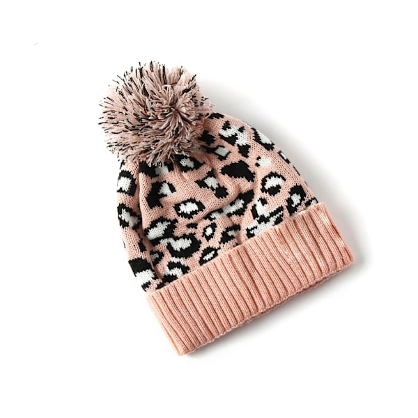 4-färgad stickad leopardmönstrad mössa med pompom - Trendig, varm och med pompomtryck - Vintermössa för kvinnor - Modepresent A