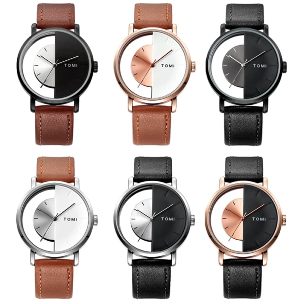 Unik Creative Halv Transparent Unisex watch klocka För män Kvinnor Par Nörd Snygga Läder Armbandsur Mode Quartz watch DESIGN 2 (A)