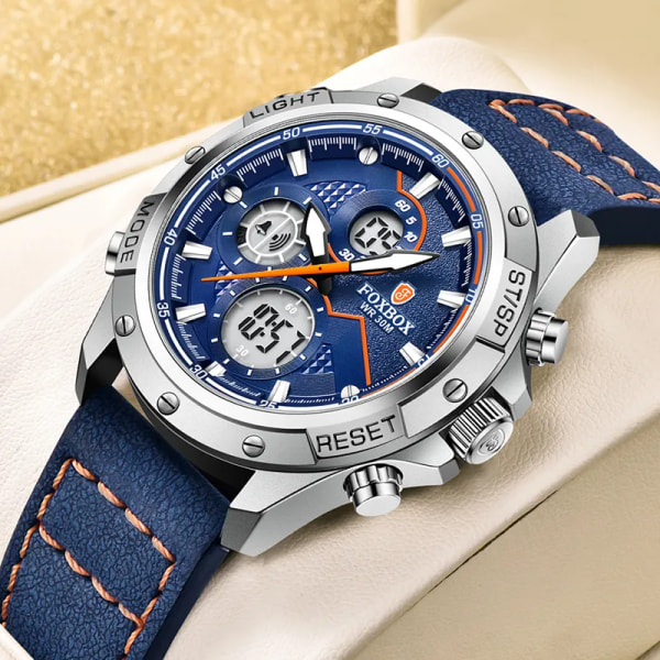 2023 Ny Dual Display Herrklockor Lyx Sport Vattentät Kvarts Elektronisk Watch För Män Mode Läder Lysande Kronograf L Silver blue