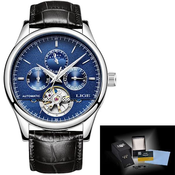 Relogio Masculin LIGE Nya Herrklockor Toppmärke Lyx Automatisk Mekanisk Watch Herr Läder Vattentät Watch Veckoklocka+låda Silver blue