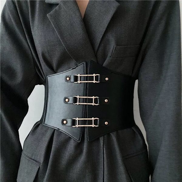 Mode gotiska elastiska bälten för kvinna Sexig svart Pu-läder brett korsettbälte Kvinnlig Cinturones Para Mujer Heart Cummerbunds square One Size