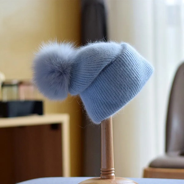 Vinter Pom Pom Stickade Mössor för Kvinnor Mode Mink Varma Pompoms Mössor Kvinnliga Trefaldiga Tjocka Hattar Sky blue