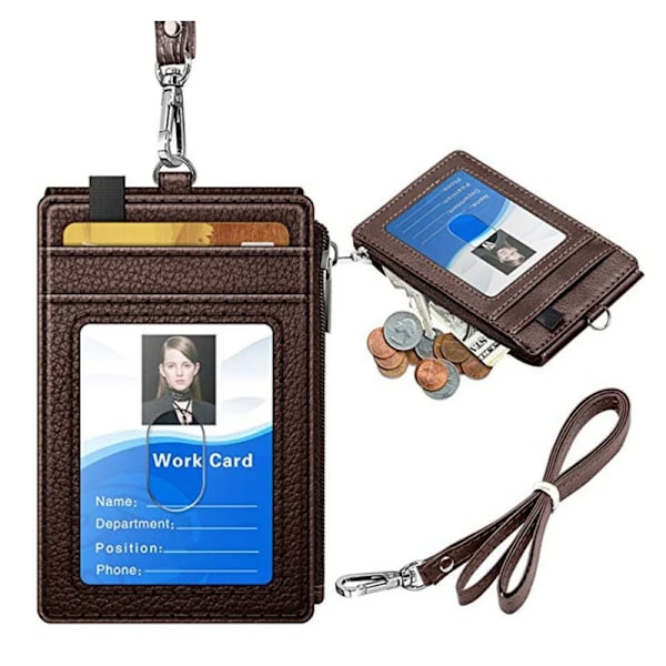 Kontor unisex PU-läder ID-bricka Korthållare plånbok med 5 kortplatser 1 sido RFID-blockeringsficka med halsbandsrem Brown