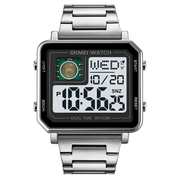 SKMEI 2 Time Back Light Digitala Sportklockor Herr Countdown Timer Full Steel Armbandsur Vattentät Stoppur Klocka reloj hombre Silver