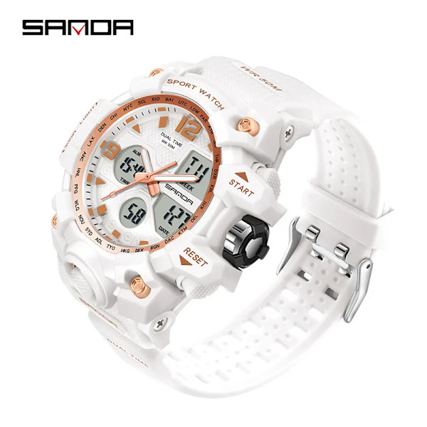 SANDA Herr Militärklockor Vit watch LED Digital 50M vattentät watch Manklocka Relogio Masculino 942 Ms white rose