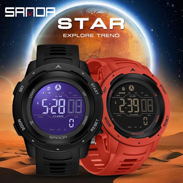SANDA Fashion Outdoor Sport Watch for Man Lyx Kalori Steg Nedräkning Original Elektroniska Armbandsur Lysande Ny klocka blue