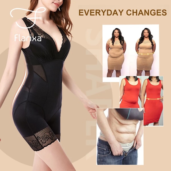 Flarixa Sexig spets Djup V Bodysuit Damkorsett Waist trainer Body Shaper Öppen gren Bodysuits One Piece Slimming Shapewear Beige-Briefs L