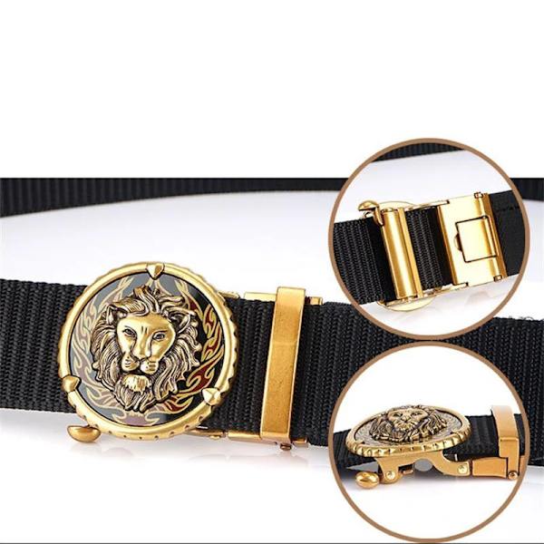 SupSindy Mans Nylon Lyx Guld Lions Metall Automatiskt spänne Canvasbälten för män Mode Jeans Midjeband Svart manlig rem Gold buckle red 110cm