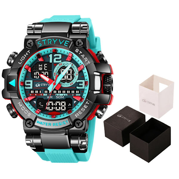 Ny STRYVE- watch för män Digital-Analog Dual Movement Calendar Lysande 50M vattentäta klockor Mode Sport Watch 8025 Lake Blue