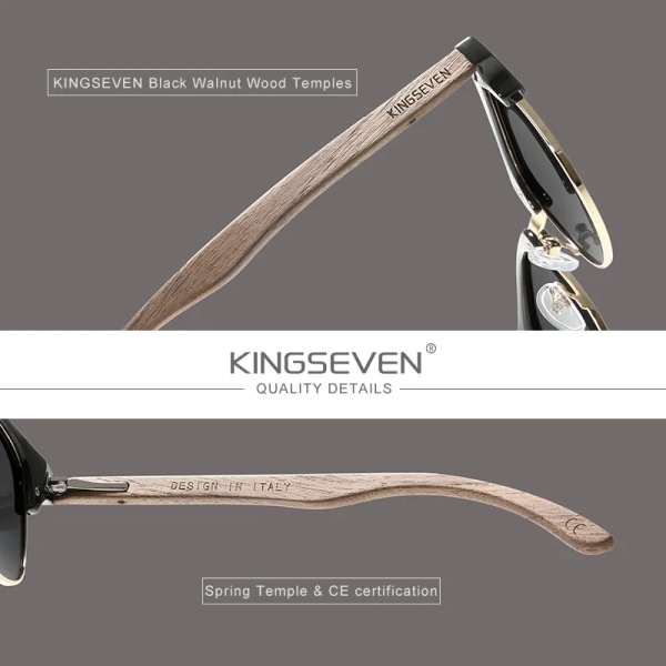KINGSEVEN Handgjorda 2022 svarta valnötssolglasögon av trä för män Polariserad UV400-skydd Halvbåglös retroglasögon Dam Oculos Red Original