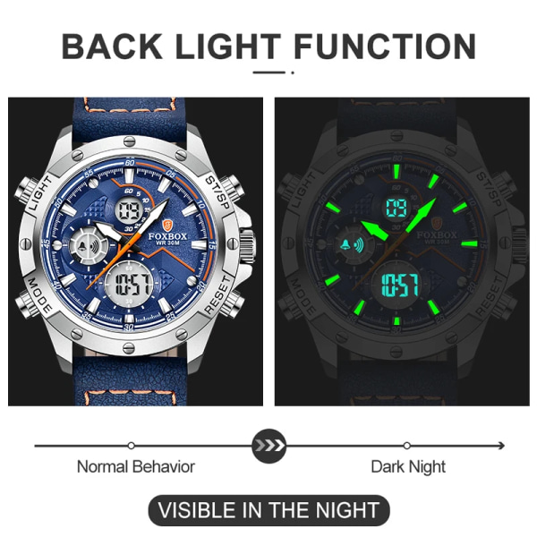 2023 Ny Dual Display Herrklockor Lyx Sport Vattentät Kvarts Elektronisk Watch För Män Mode Läder Lysande Kronograf L Silver blue