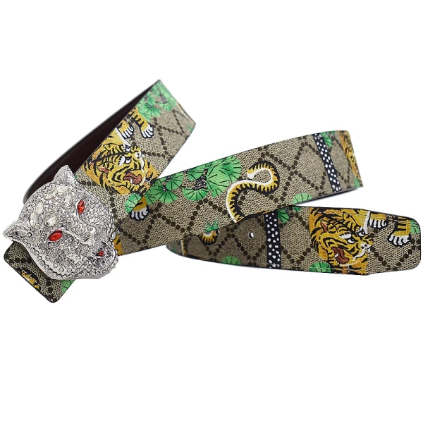 Western Rhinestone Leopard Guld Sliver Metall Spänne Tiger Print Ko Läder Män Bälte Jeans Causal Byxor Rem BF redbee 115cm