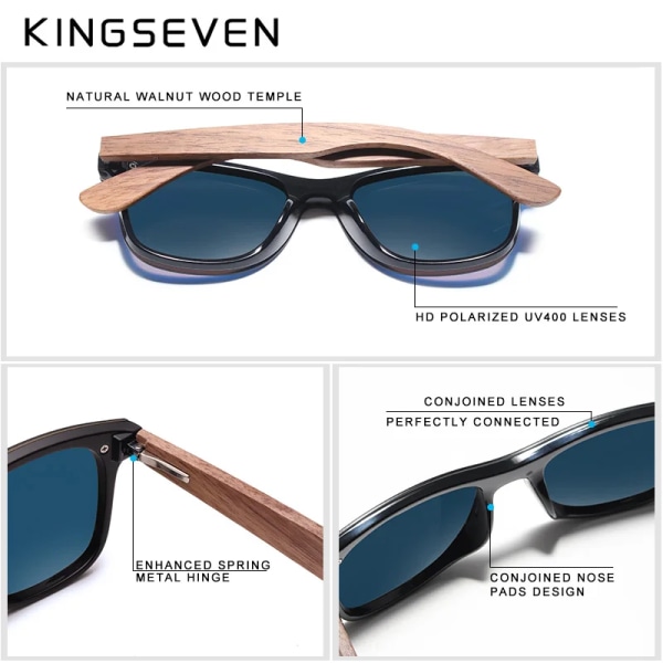 KINGSEVEN Mode Män Solglasögon Polariserad Valnöt Trä Spegel UV400 Lens Solglasögon Dam Märkesdesign Färgglada nyanser Handgjorda Blue Walnut Wood Orignal KINGSEVEN