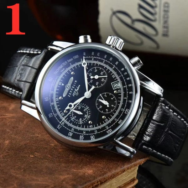 2023 New Zeppelin Watch Fashion Three Eyes Running Second Multifunktionell Chronograph Top Leather Business Quartz Watch Type 1
