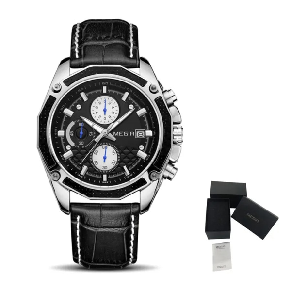 MEGIR Officiell kvarts klockor för män i äkta läder Sport Racing Män Studenter Game Run Chronograph Watch Man Glow Hands Black