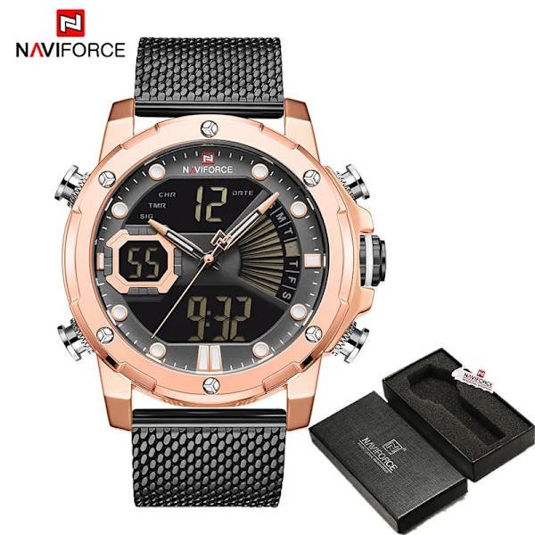 NAVIFORCE Originalklockor för män Lyxmärke Quartz Dual Display Militär watch Mesh stålband Vattentät klocka RGBB BOX