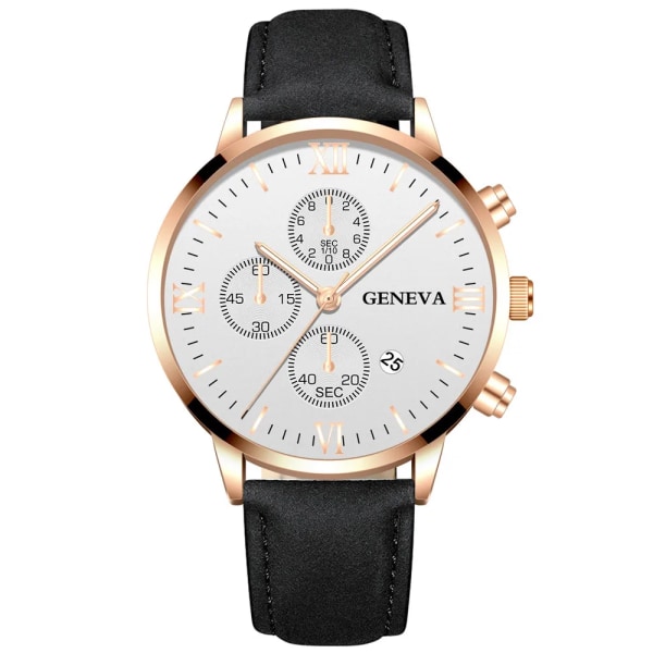 Mode Genève Män Datum Legering Case Syntetiskt Läder Analog Kvarts Watch Man Klocka Toppmärke Lyx Relogio Masculino 09 Black-Rose-White