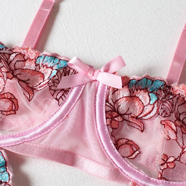 Blommig broderi Spetsbody Damunderkläder Mesh Shapers Sexiga underkläder kvinnor 3-delade stringtrosor Rivjärn Push up BH Briefset pink M