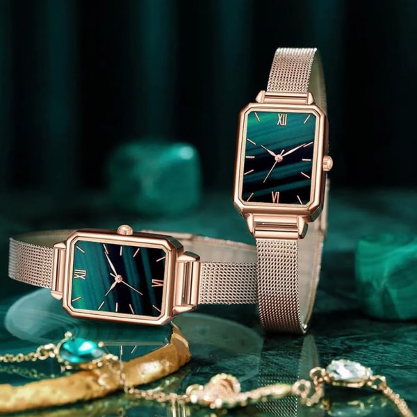 Damklockor Mode Square Dam Quartz Watch Armband Set Green Dial Simple Rose Gold Mesh Luxury Women Watches Black