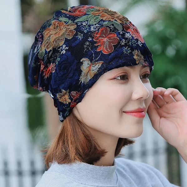 Blommigt Tryckt Kvinnohatt Spets Loss Huvudscarf Wrap Cap Stretch Turban Kvinnors Kawaii Hattar Кепка Женская Панама C