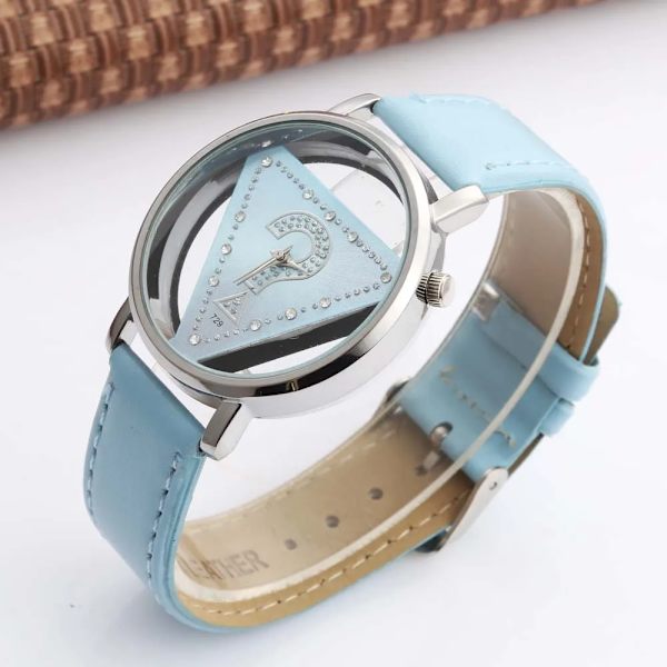 Womage Dam Klockor Dam Klockor Mode Triangel Klockor Dam Transparent Klockor Quartz Armbandsur Läder reloj mujer 14729blue