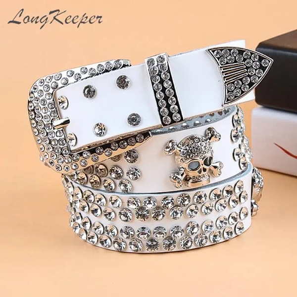 Kvinnor Y2K Bling Bling Rhinestones Bälte Flickor Skallebälten Andra lagret Koskinn Toppkvalitetsrem Kvinna För Jeans white 110cm
