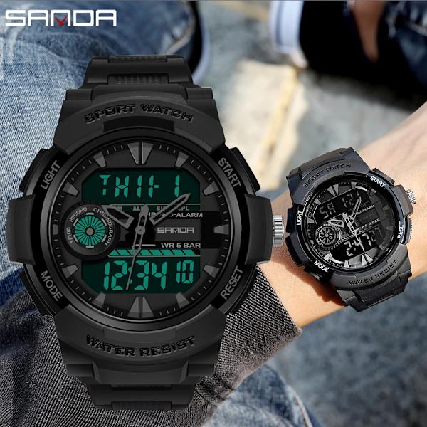 SANDA Sportklockor för män Multifunktionell Chronograph Vattentät armbandsur LED Digital Military Quartz Clock Relogio Masculino Red