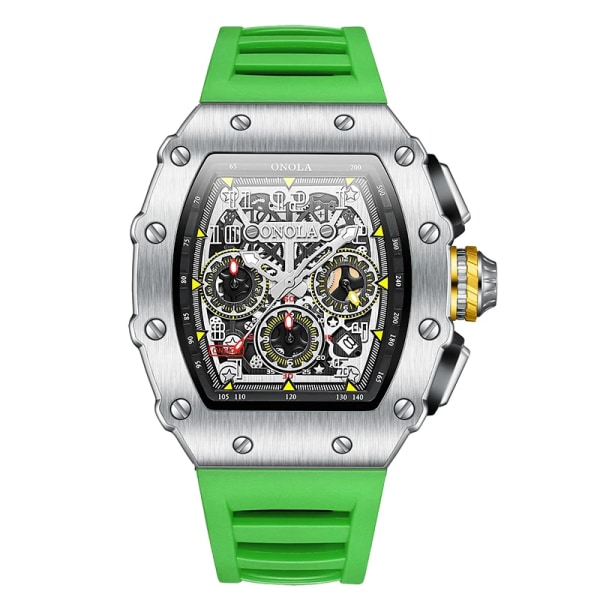 ONOLA Brand Luxury Watch Herr Armbandsur Multifunktion Sport Vattentät Lysande Sport Casual Clock Herr Quartz Watches Herr Silver green