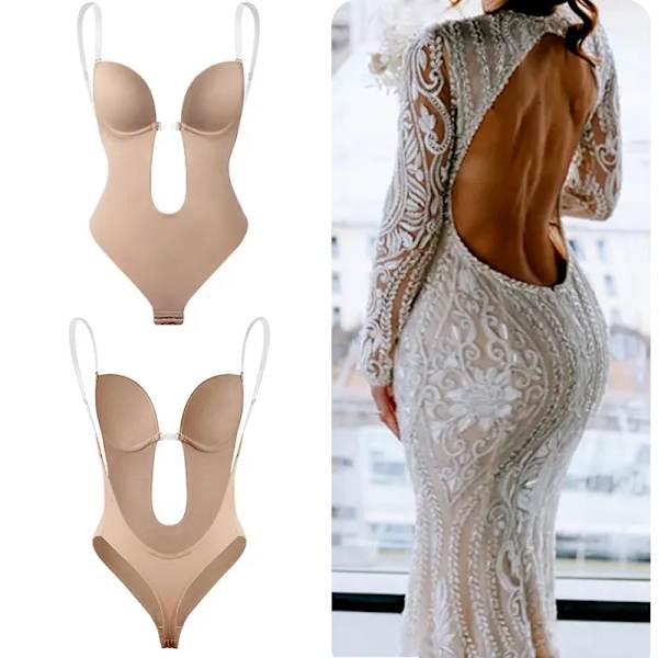 Body Shapewear Deep V Full Body Shaper Rygglös U Plunge Thong Waist Trainer Dam Klänning Underkläder Vadderad BH Push Up Korsett hot red M (34)