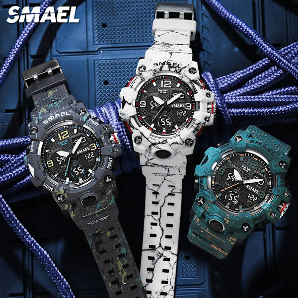 SMAEL Dual Time Watch för män Mode Vattentät Quart Digital Armbandsur Väckarklocka LED Bakgrundsbelysning Kalenderklockor 8008 Camo Gray-Box