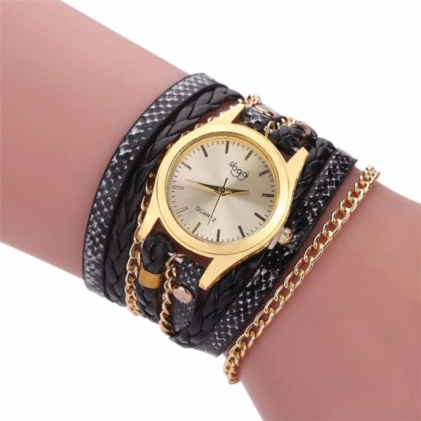 Kvartsklockor Dam Guld Geneva Armband Armbandsur Damklänning Vävd Leopard Multi Watch Bk