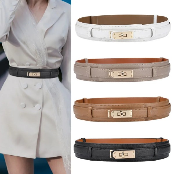Metalllås Läder Dambälte Lyxdesign Högkvalitativt märkesgördel Mode Casual Mångsidig klänning Elegant korsettbälte Auburn 105CM