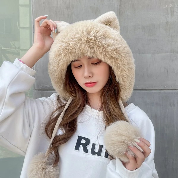 Cokk Vintermössor för Kvinnor Beanie Söta Kattungeöron Stickad Bonnet Femme Tjock Sammet Håll Varma Vintermössa Med Pompom Gorro Ny khaki 55-59cm