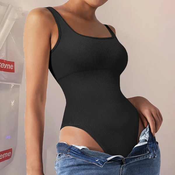 Body Shapewear Dam Ribbstickad Sexig Body Magkontroll Spaghetti Square Neck Vadderat linne Seamless Jumpsuit Bodyshaper SJ002BR S