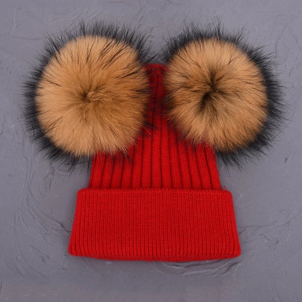 Dubbel Pompom-mössa för kvinnor, vintermössor, stickade mössor, mössor, beanies, flickor, två pompom-mössa Red natural fur