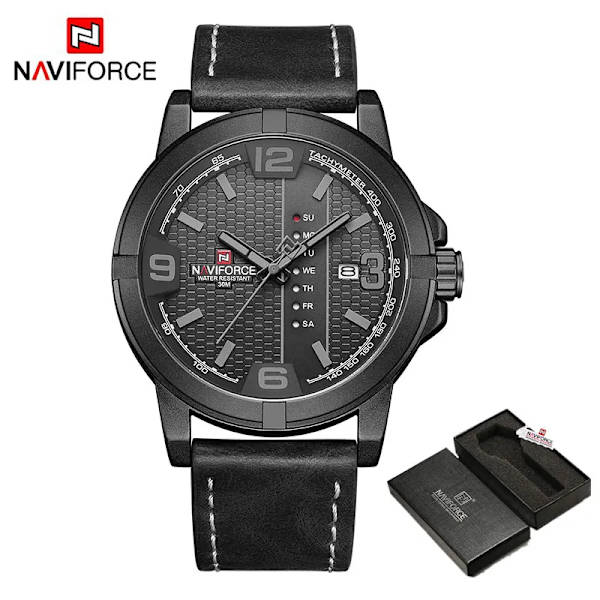 NAVIFORCE Herr Casual Läder 30m Vattentäta klockor Militärsport Man Armbandsur Quartz Kalender Man Klocka Relogio Masculino BGYB-BOX