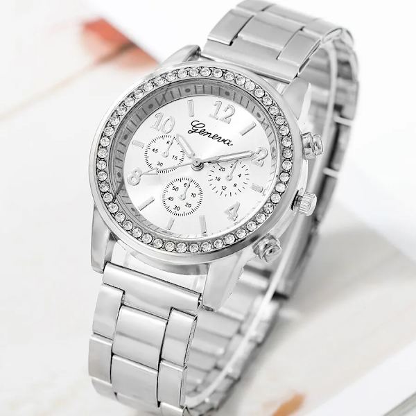 1st lyxig watch Kvinnor Affärsmode Casual Rund Rhinestone Rhinestone Silver Rostfritt stål Watch silver